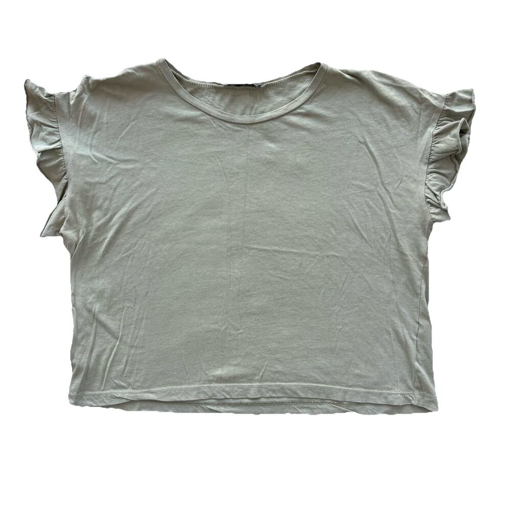 Zara Blouse Women's Medium Green Cropped Ruffle Crew Neck Solid Tee Shirt Top